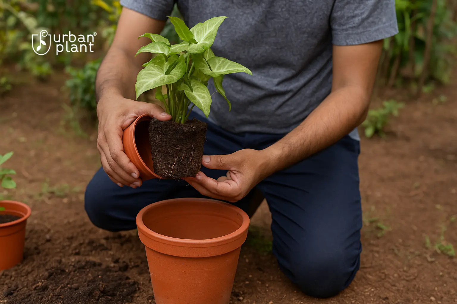 Repotting a houseplant from a small terracotta pot to a larger one | Urban Plant